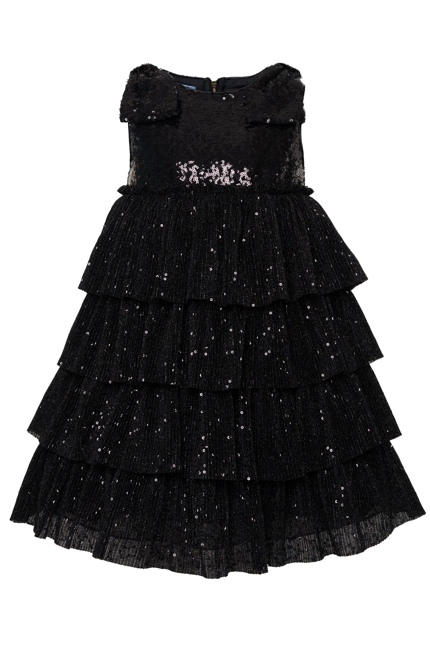 Abito a balze paillettato con fiocchi