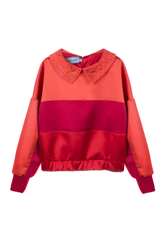 Three-color satin sweatshirt with rhinestones