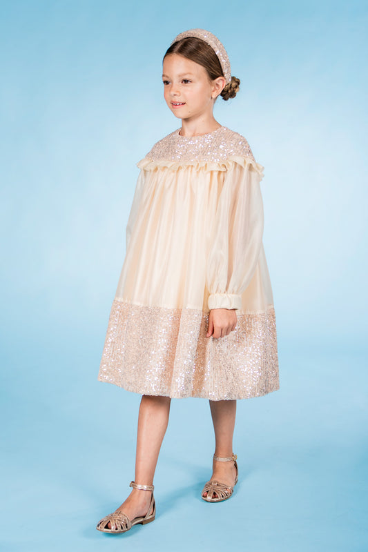 Long-sleeved dress in silk gauze and sequins