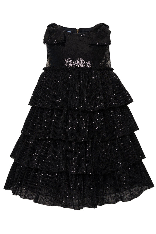 Abito a balze paillettato con fiocchi