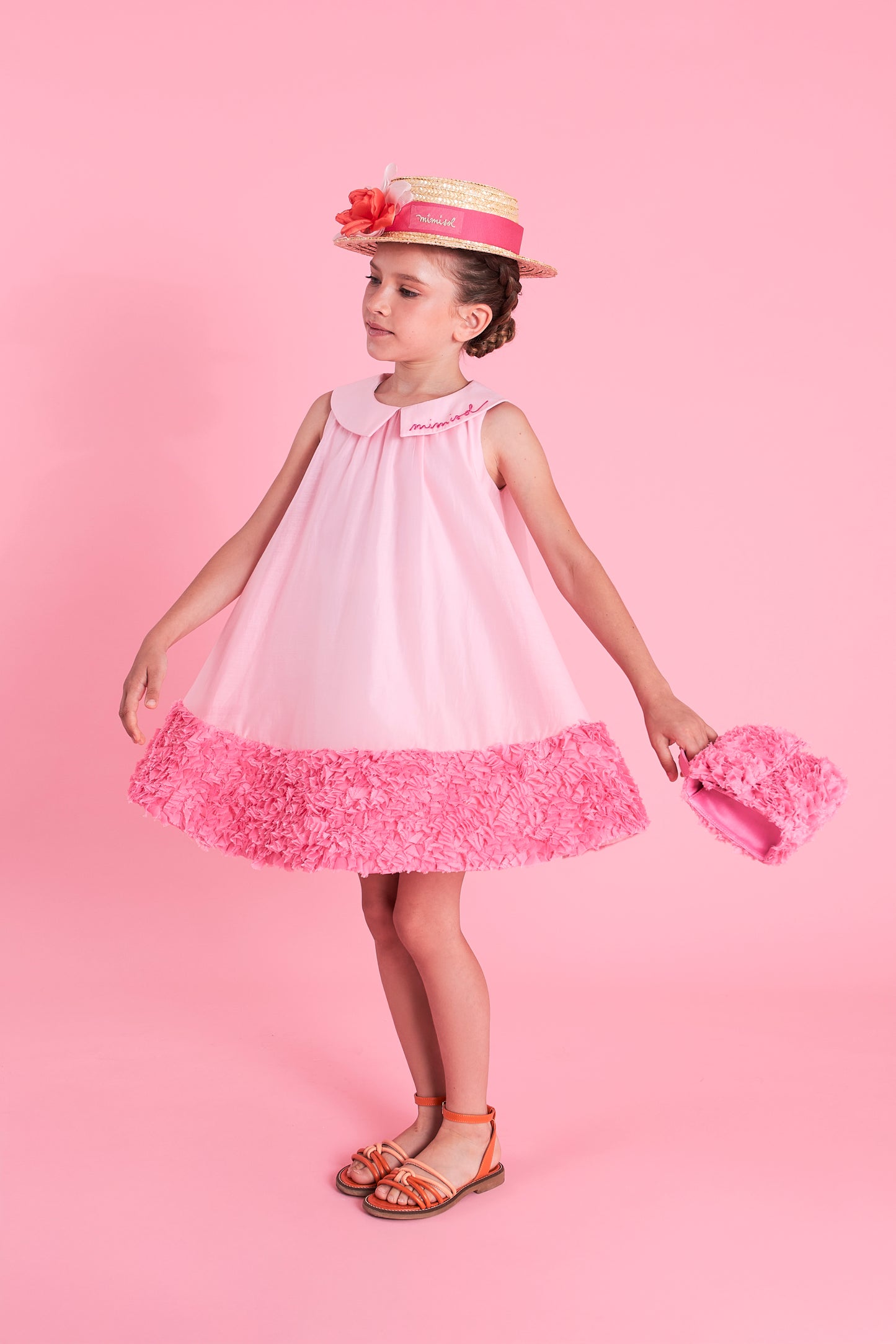 Abito in cotone con colletto e balza a rouches