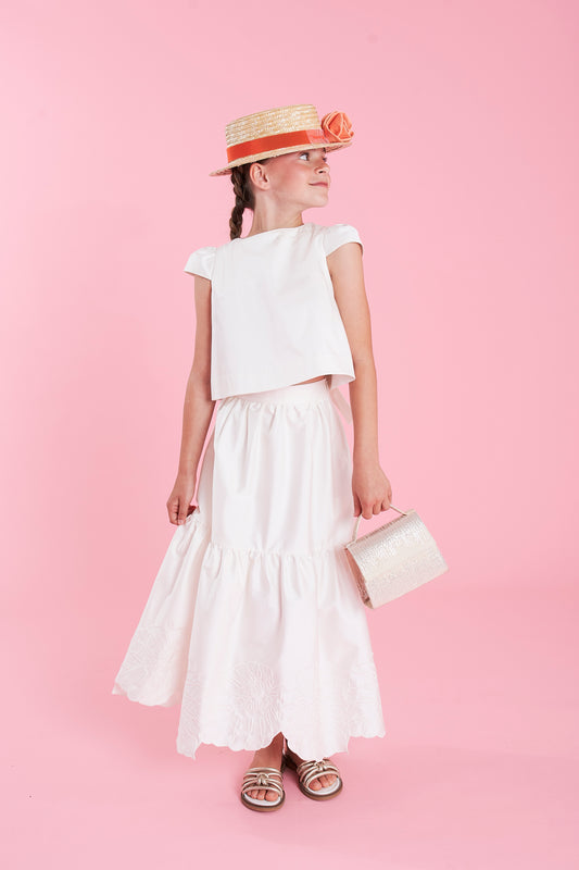 Completo in cotone con ricamo di foglie