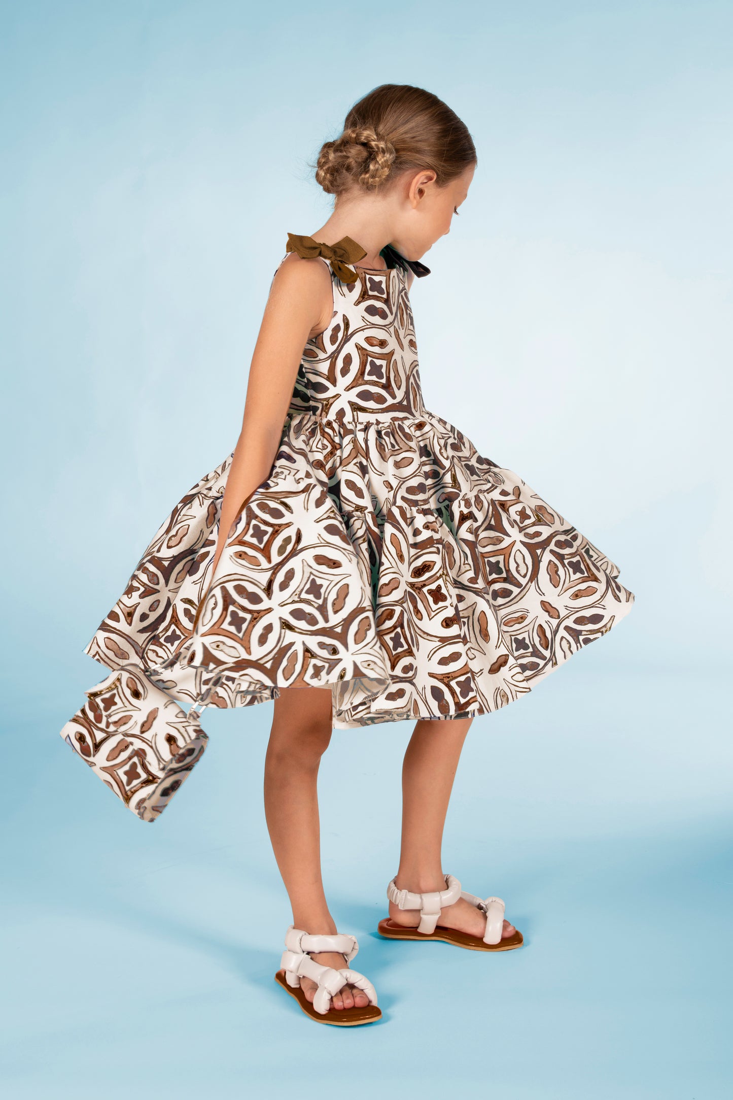 Tile-print satin-cotton dress