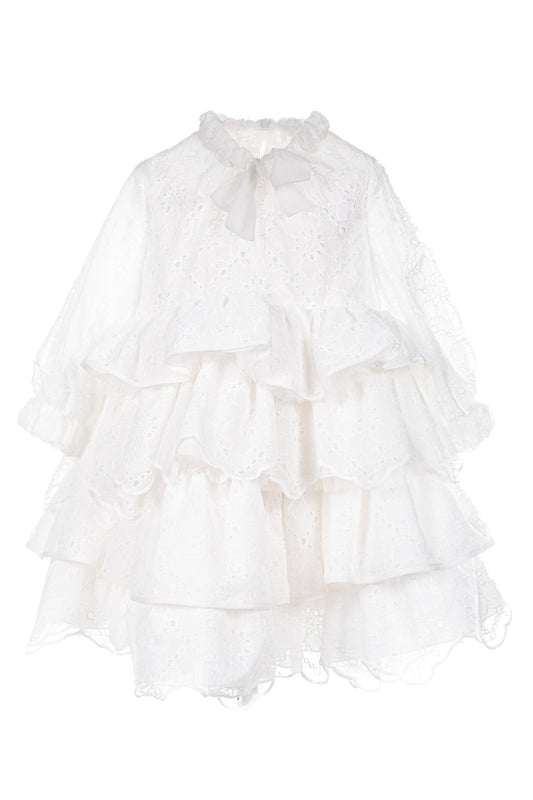 Flounced dress in Sangallo lace